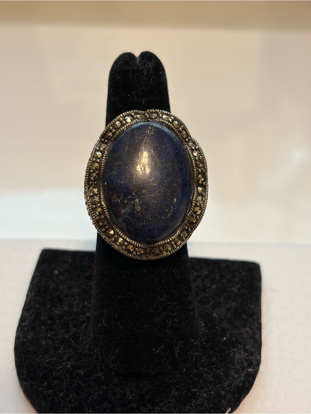 Vintage art deco, Victorian, Marcasite lapis Sterling silver ring